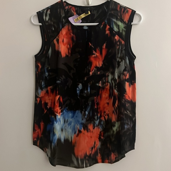J Crew 100% Silk Keyhole Ladder Stitch Blouse 0 black red blue watercolor floral - Picture 3 of 5